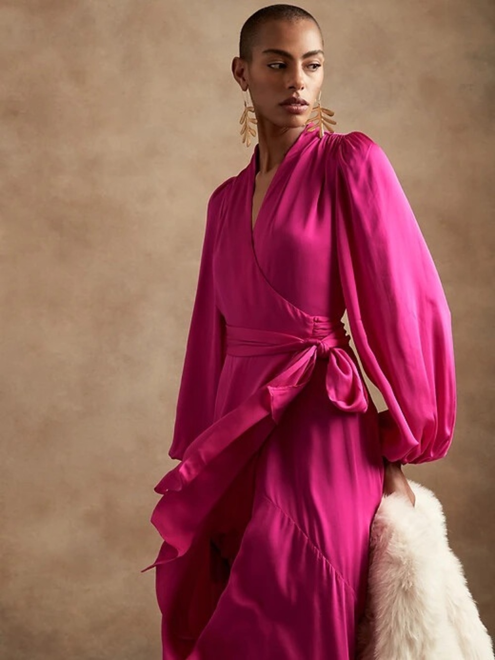Banana Republic Wrap Front Long Sleeve Dress in Fuchsia Pink
